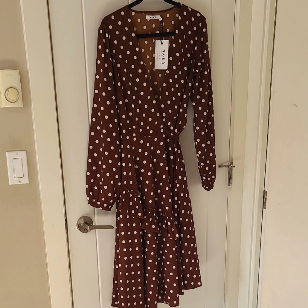 NWT NA-KD Brown Polka Dot Wrap Dress